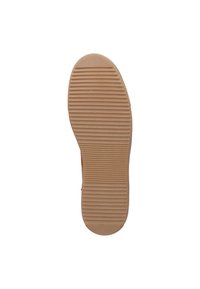 Shoe sole in tan rubber with horizontal and vertical grooves for traction. Rounded toe with slight curvature at the edges.