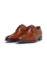 Chaussures en cuir marron avec une texture lisse, bout arrondi, détails de lacets et un petit talon empilé. Elles présentent des coutures minimales et un design épuré.
