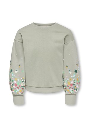 Lysegrå sweatshirt med lange pufærmer med farverig blomsterbroderi langs de nedre ærmer og ribstrikkede manchetter.