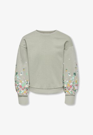 Sweat-shirt gris clair avec de longues manches bouffantes présentant une broderie florale colorée le long des avant-bras et des poignets côtelés.