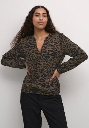 Maglietta a maniche lunghe con stampa leopardata in marrone e nero, con scollatura a V e vestibilità rilassata, realizzata in tessuto morbido e strutturato.