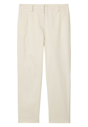 Beige rechte broek met riemlussen, zijzakken en een ritssluiting aan de voorkant.