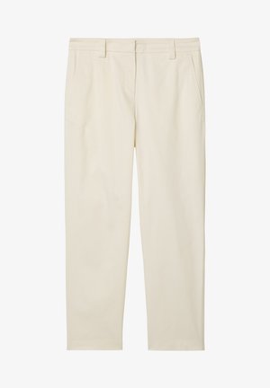 Beige straight-leg trousers with belt loops, side pockets, and a front zipper closure.