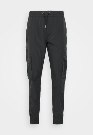 Fekete cargo nadrág könnyű anyagból, állítható húzózsinórral a deréknál, elasztikus mandzsettákkal és két oldalsó zsebbel.