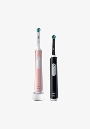 Elektrische Zahnbürsten in Pink und Schwarz, mit runden Köpfen, Power-Tasten und Ladestationen. Zu den Merkmalen gehören ergonomische Griffe und dekorative Bürstenköpfe.