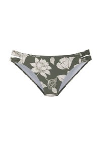 Olivegrüner Bikini-Unterteil mit weißem Blumenmuster. Mit seitlichen Trägern und einer glatten Textur mit einem subtilen Glanz. Gefütterter Innenbereich.