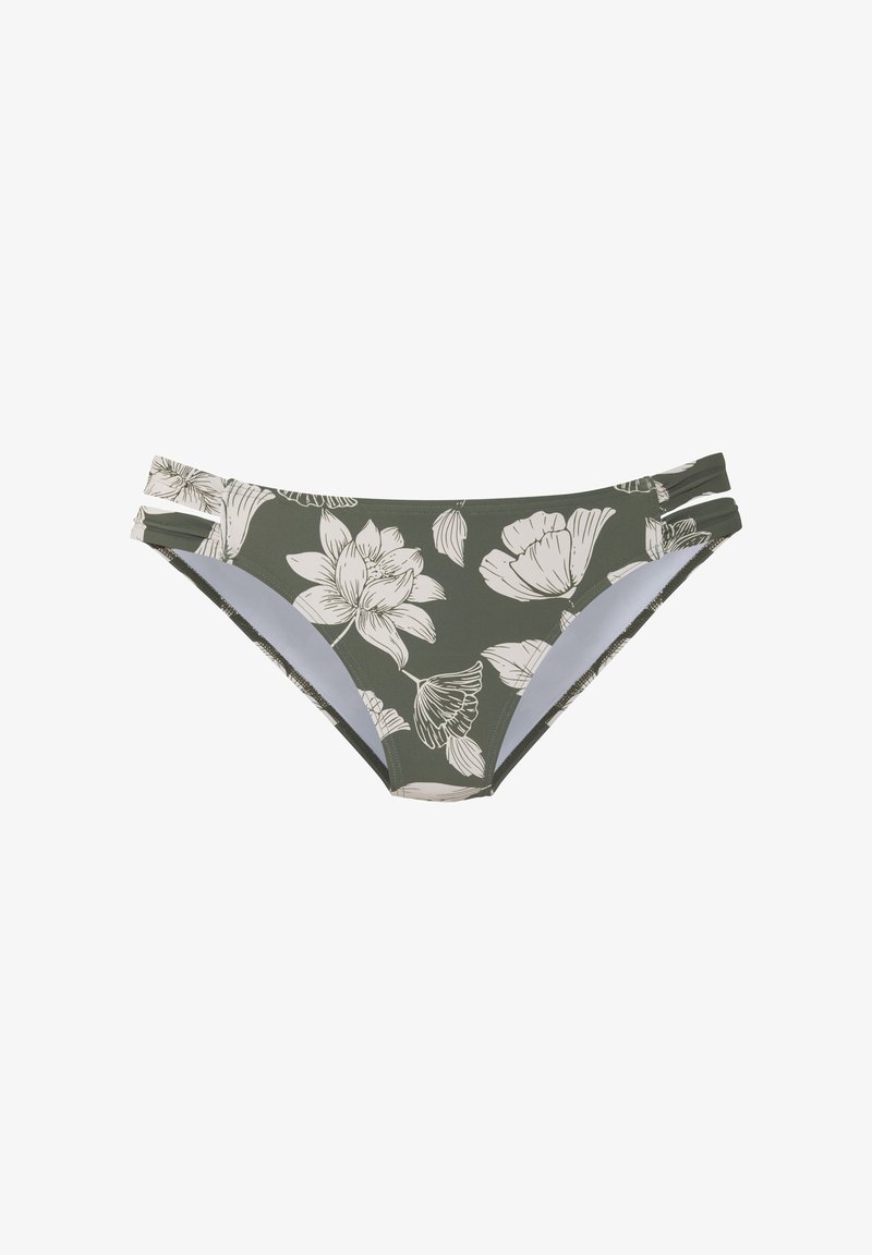 Olīvu zaļš bikini apakšdaļa ar baltu ziedu rakstu. Ar sānu siksnām un gludu struktūru ar subtilu spīdumu. Iekšpuse ar oderi.