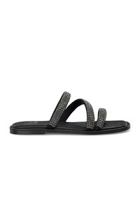 Black flat sandals featuring three wide straps adorned with rhinestones, soft footbed, and a sleek design suitable for casual wear.