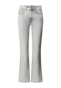 Ανοιχτό γκρι τζιν με φαρδιά καμπάνα, φτιαγμένα από τζιν ύφασμα, με ψηλή μέση, τσέπες μπροστά και διακριτικές ξεθωριασμένες λεπτομέρειες κατά μήκος των ποδιών.