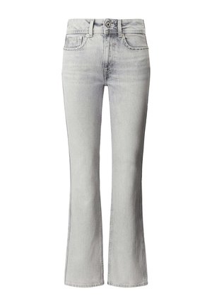 Hellgraue Schlagjeans aus Denim, mit hoher Taille, Vordertaschen und dezenten verwaschenen Details entlang der Beine.