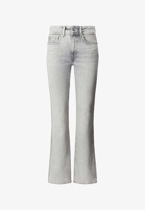 Hellgraue Schlagjeans aus Denim, mit hoher Taille, Vordertaschen und dezenten verwaschenen Details entlang der Beine.