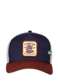 Tengerészkék sapka piros napszemüveg karimával, hálós világosbarna hátrésszel, és hímzett folttal, amelyen egy polip és a "COASTAL HEADWEAR SUPPLY" felirat látható.