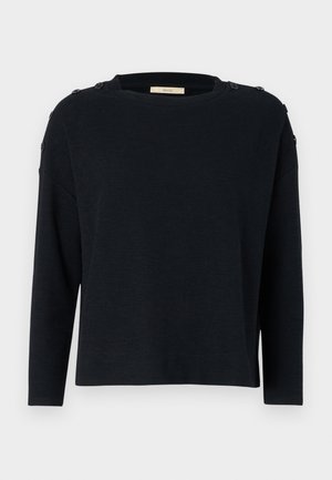 Dark navy sweater, knitted texture, rounded neckline, long sleeves, shoulder buttons. Simple design with a relaxed fit.