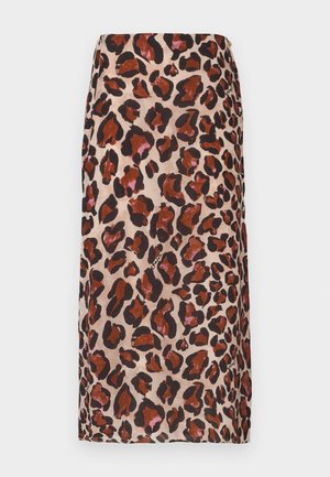 Leopard print midi skirt in shades of brown and black on a beige background. Made of smooth fabric, featuring a straight silhouette.