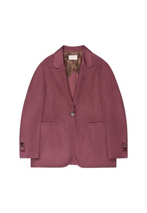 Enkeknoopse mauve blazer met ingesneden revers, een enkele knoop aan de voorkant, twee zijzakken met een split en vier knopen op elke manchetten.