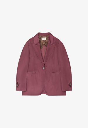 Enkeknoopse mauve blazer met ingesneden revers, een enkele knoop aan de voorkant, twee zijzakken met een split en vier knopen op elke manchetten.