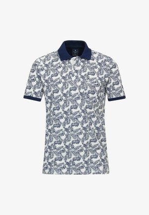 Granatowa i biała koszulka polo z wzorem liści, z krótkim rękawem i kontrastowym granatowym kołnierzykiem. Wykonana z przewiewnego materiału.