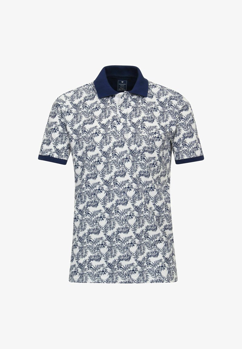 Marineblå og hvid polo med bladmønster, korte ærmer og en kontrasterende marineblå krave. Fremstillet af åndbart stof.
