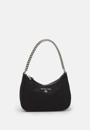 Black nylon handbag with a silver chain strap, zip closure, and logo on the front. Curved shape with a smooth texture.