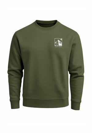 Olive green sweatshirt made of soft material, featuring a round neck and long sleeves. Includes a front graphic with mountain design and text.