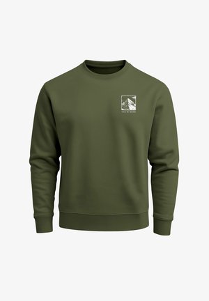 Olive green sweatshirt made of soft material, featuring a round neck and long sleeves. Includes a front graphic with mountain design and text.