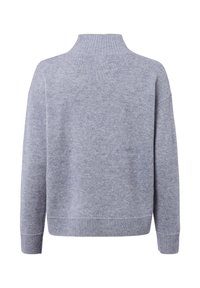 Light grey knit sweater with a high ribbed neckline, drop shoulders, and ribbed cuffs and hem. Soft texture with a subtle heathered pattern.