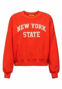 Sweat-shirt en polaire orange avec un col rond côtelé, des poignets élastiques, et le texte "NEW YORK STATE" brodé en blanc sur la poitrine.
