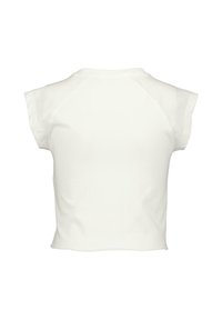 White cropped t-shirt with short cap sleeves and a round neckline. Soft, smooth fabric with a simple, solid design and no visible patterns or accents.