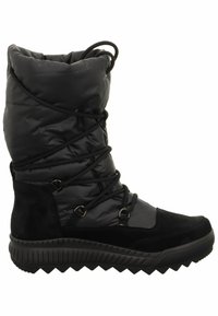 Botas negras impermeables con parte superior de nylon acolchado, forro de piel sintética y suela de goma texturizada con un patrón de zigzag. Diseño con cordones.