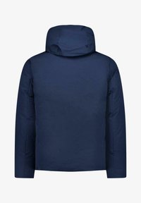 Marineblauwe, gewatteerde jas met capuchon en een gladde, matte textuur. Heeft een gestikt ontwerp en elastische manchetten voor een goede pasvorm.