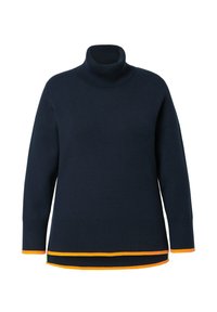 Maglione a collo alto blu navy con texture a coste, caratterizzato da vivaci accenti arancioni e verdi all'orlo. Maniche lunghe e vestibilità rilassata.