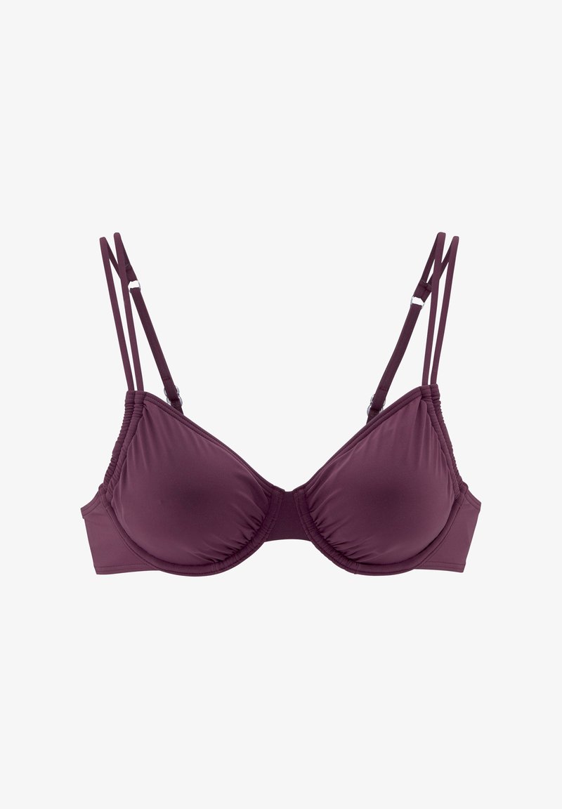 Lila BH aus glattem Stoff, mit Unterdrahtstütze und verstellbaren doppelten Trägern. Besitzt eine dreieckige Form der Cups und geraffte Details.