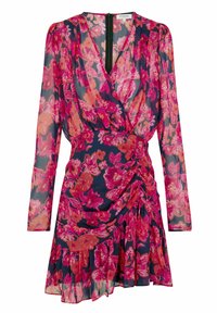 Floral wrap dress in navy, featuring large pink and orange flowers. Long sleeves, ruched side detailing, and a ruffled hem. Lightweight fabric.