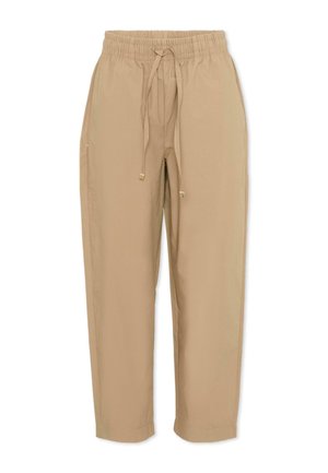 Beżowe spodnie casual z elastycznym pasem i sznurkiem, proste nogawki oraz boczne kieszenie, odpowiednie do swobodnego noszenia.
