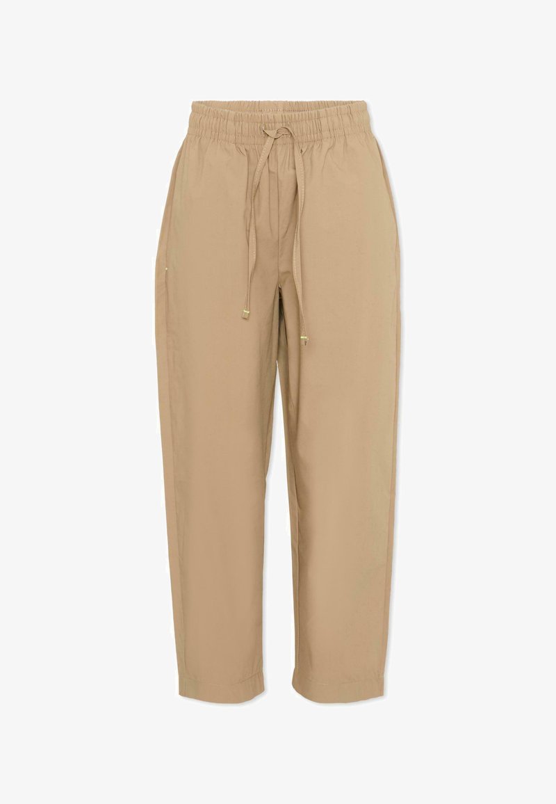 Pantalon décontracté beige avec taille élastique et cordon de serrage, jambes droites et poches latérales, adapté pour une tenue décontractée.