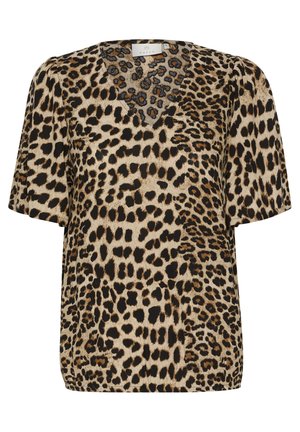 Blusa con stampa leopardata, scollo a V, maniche corte e vestibilità ampia. Realizzata in un tessuto morbido, presenta una combinazione di colori beige, nero e marrone in un motivo variegato.