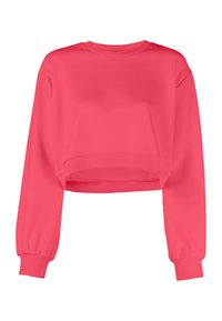 Sweatshirt cropped in tessuto rosa brillante con maniche lunghe e larghe e polsini a coste. Tessuto liscio, design con collo tondo e stile minimalista.