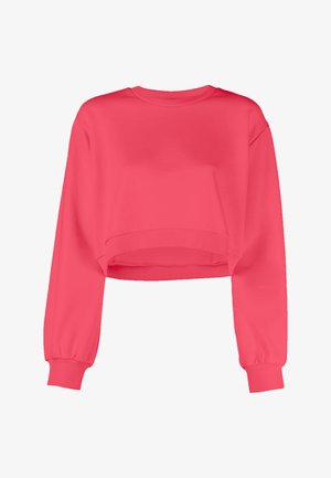 Sweatshirt cropped in tessuto rosa brillante con maniche lunghe e larghe e polsini a coste. Tessuto liscio, design con collo tondo e stile minimalista.