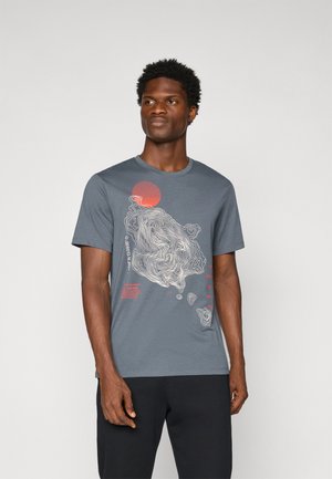 Gray cotton t-shirt featuring a graphic design of contour lines and a red sun. Short sleeves, crew neck, and relaxed fit.