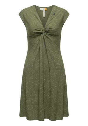 Vestido sin mangas de color verde oliva con pequeño estampado de puntos claros, escote en V y detalle fruncido con torsión en el pecho.