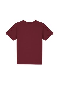 Bordeaux kortärmad t-shirt van zacht materiaal, met een ronde hals en een eenvoudig, onopvallend ontwerp in een effen kleur.