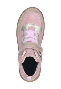 Pink suede children's shoe with metallic silver accents, flat sole, lace-up and velcro closure, and a textured design.