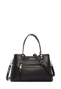 Borsa a tracolla nera in materiale sintetico con doppio manico, minuteria dorata, tasca frontale con zip e tracolla regolabile. Design strutturato.