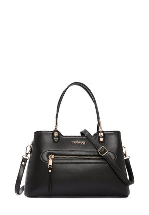 Borsa a tracolla nera in materiale sintetico con doppio manico, minuteria dorata, tasca frontale con zip e tracolla regolabile. Design strutturato.