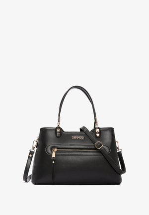 Borsa a tracolla nera in materiale sintetico con doppio manico, minuteria dorata, tasca frontale con zip e tracolla regolabile. Design strutturato.