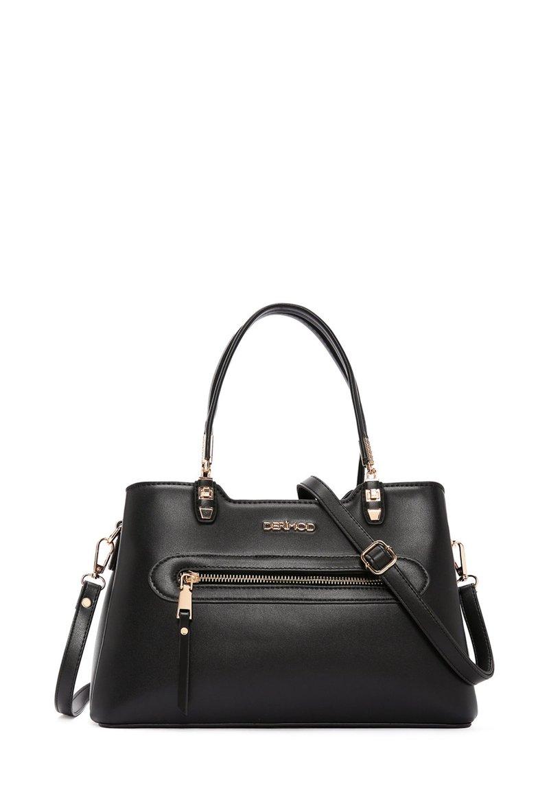 Borsa a tracolla nera in materiale sintetico con doppio manico, minuteria dorata, tasca frontale con zip e tracolla regolabile. Design strutturato.