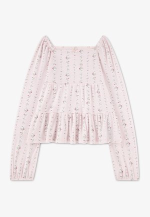 Lyserød bluse med lange ærmer med små blomsterprint, firkantet halsudskæring, rynket talje og flæsekant.