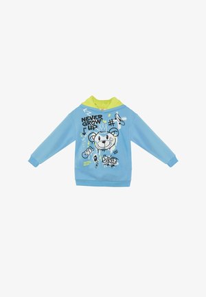 Lichtblauwe hoodie met een limoengroene capuchon. Beschikt over een grafische beerillustratie en kleurrijke tekst. Geribde manchetten en zoom, zachte stoftextuur.