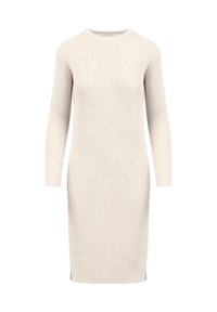 Robe en tricot côtelé beige clair, dotée de manches longues, d'un col rond et d' fentes sur les côtés à l'ourlet pour faciliter le mouvement.