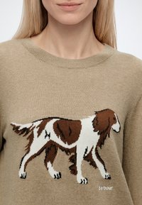 Pull beige avec un motif de chien marron et blanc sur le devant, porté par une personne aux longs cheveux blonds.